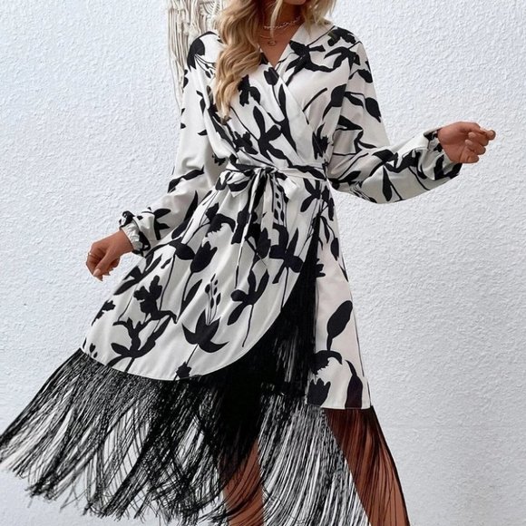 White And Black Preppy Womens Floral Print Fringe Hem Belted Dress - Picture 4 of 5